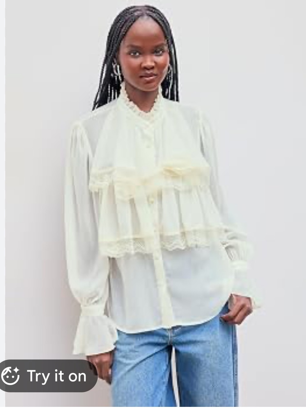 CIDER Chiffon High Neck Soild Lace Faux Pearl Long Sleeve Blouse L